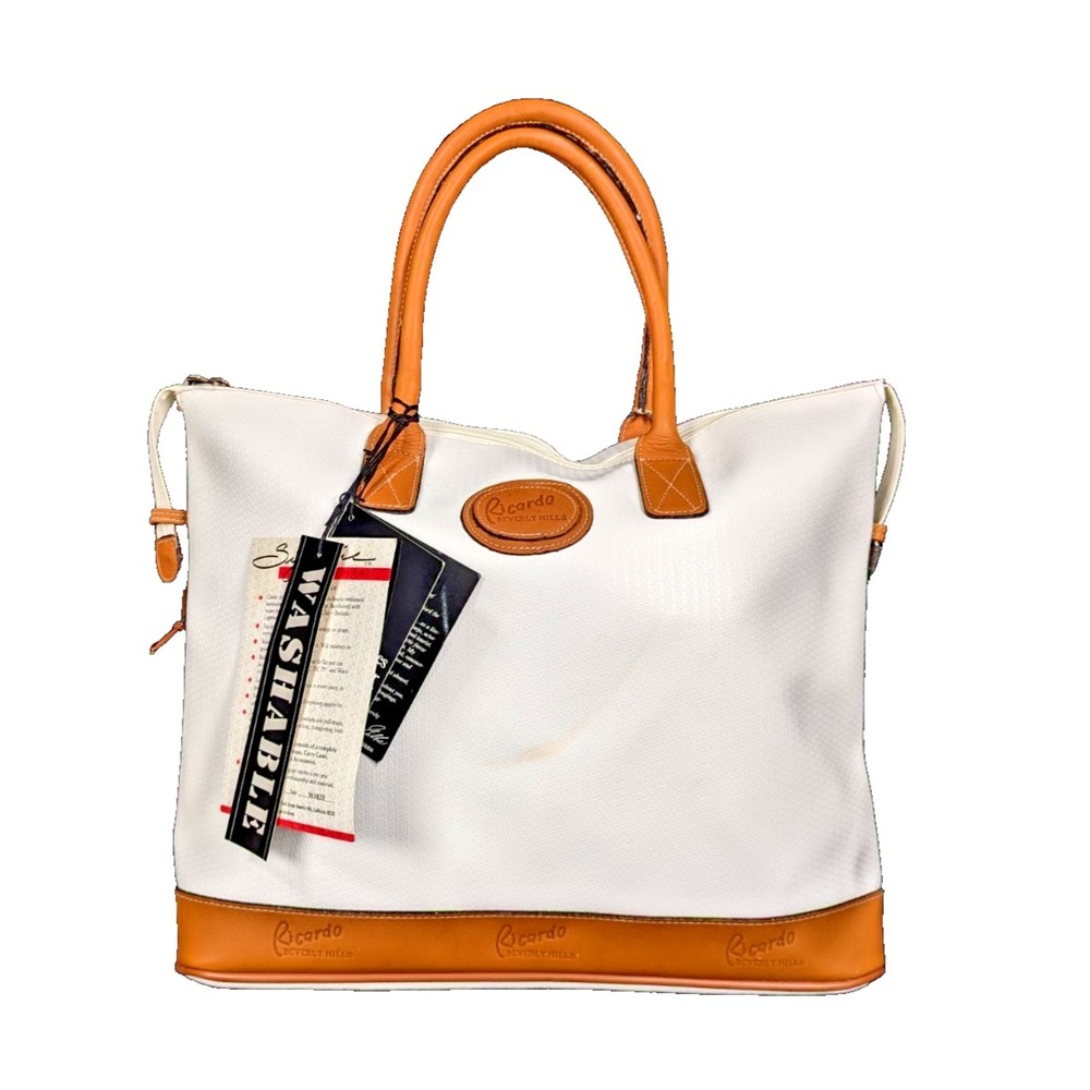 Ricardo Beverly Hills White Textured Tote Bag Tan Leather Trim NWT